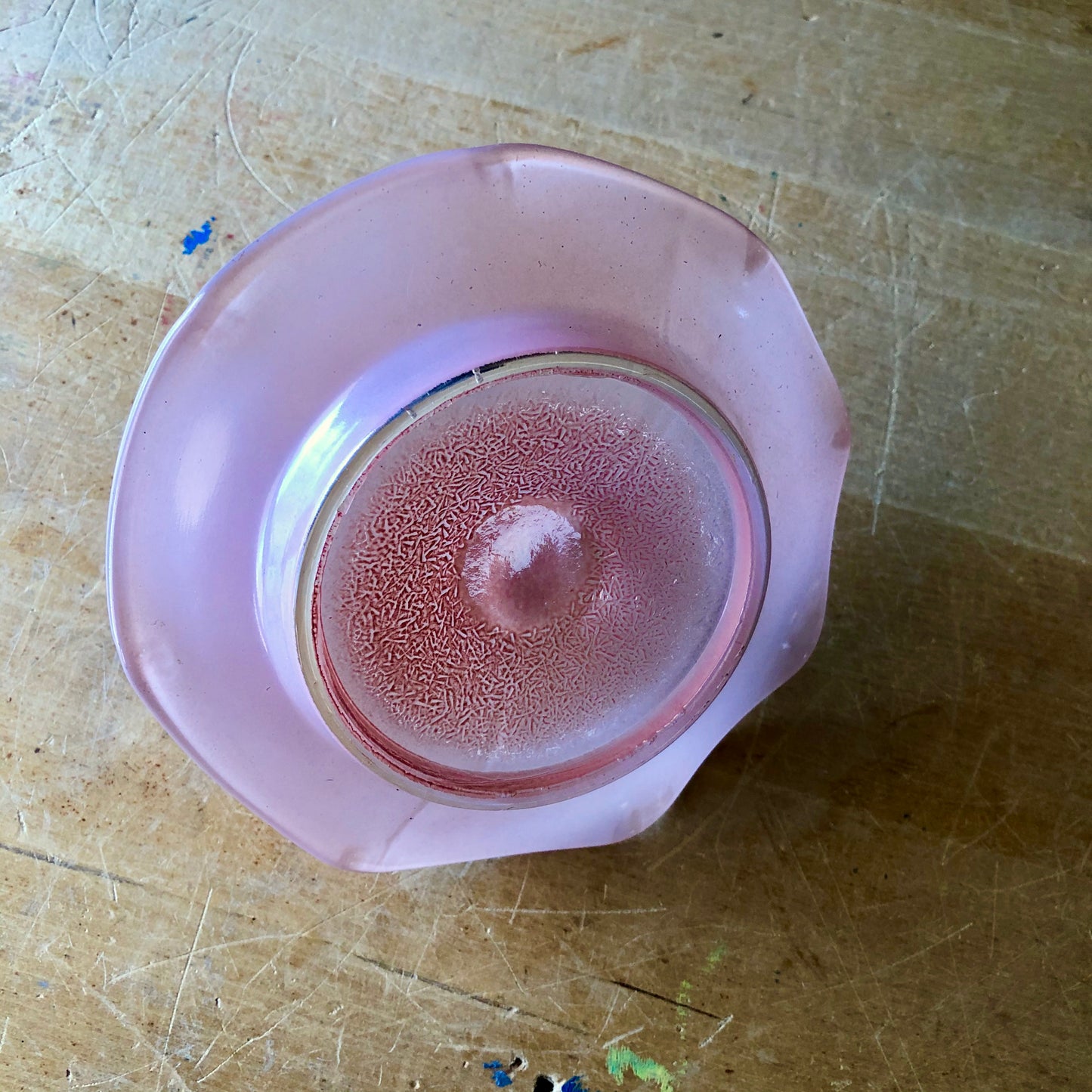 Vintage Pink Glass Trinket Dish with Trojan Horse (c.1930s)