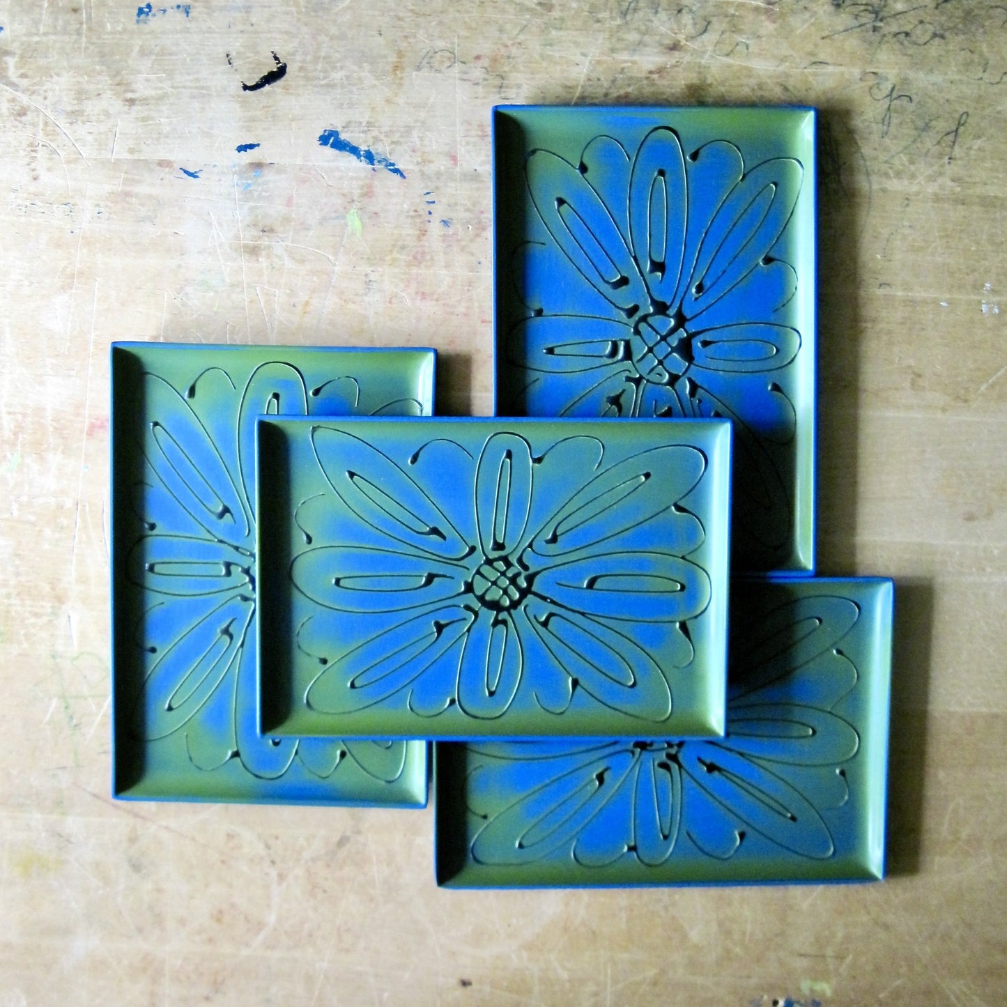 Mid Century Blue and Green Plastic Trays