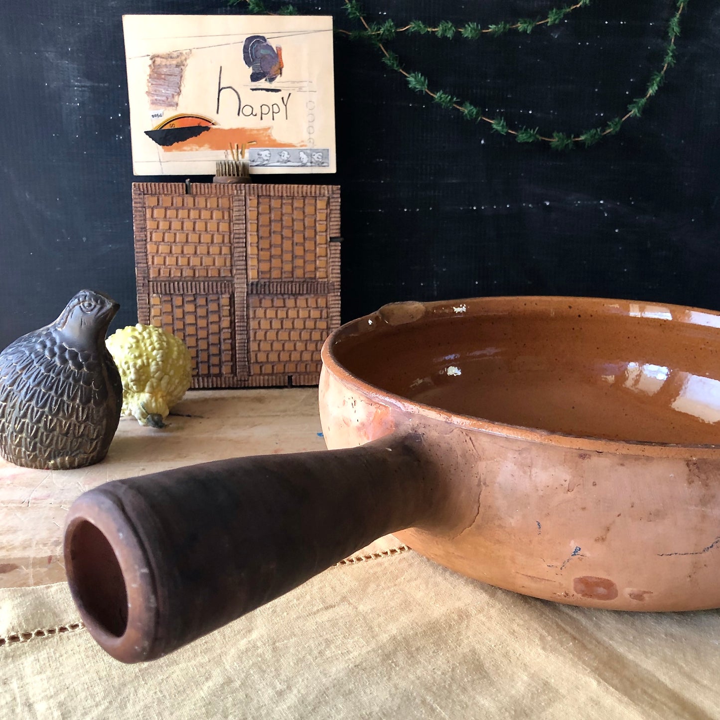 Vintage French Clay Baking Dish with Handle (c.1900s)