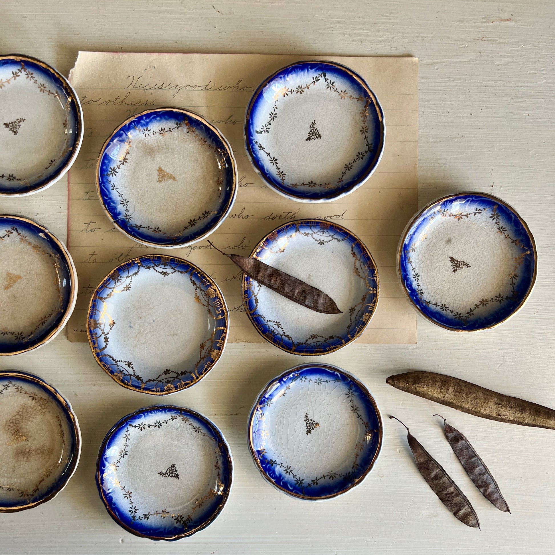 Antique Flow Blue Butter Pats, Set of 10 (c.1900s)