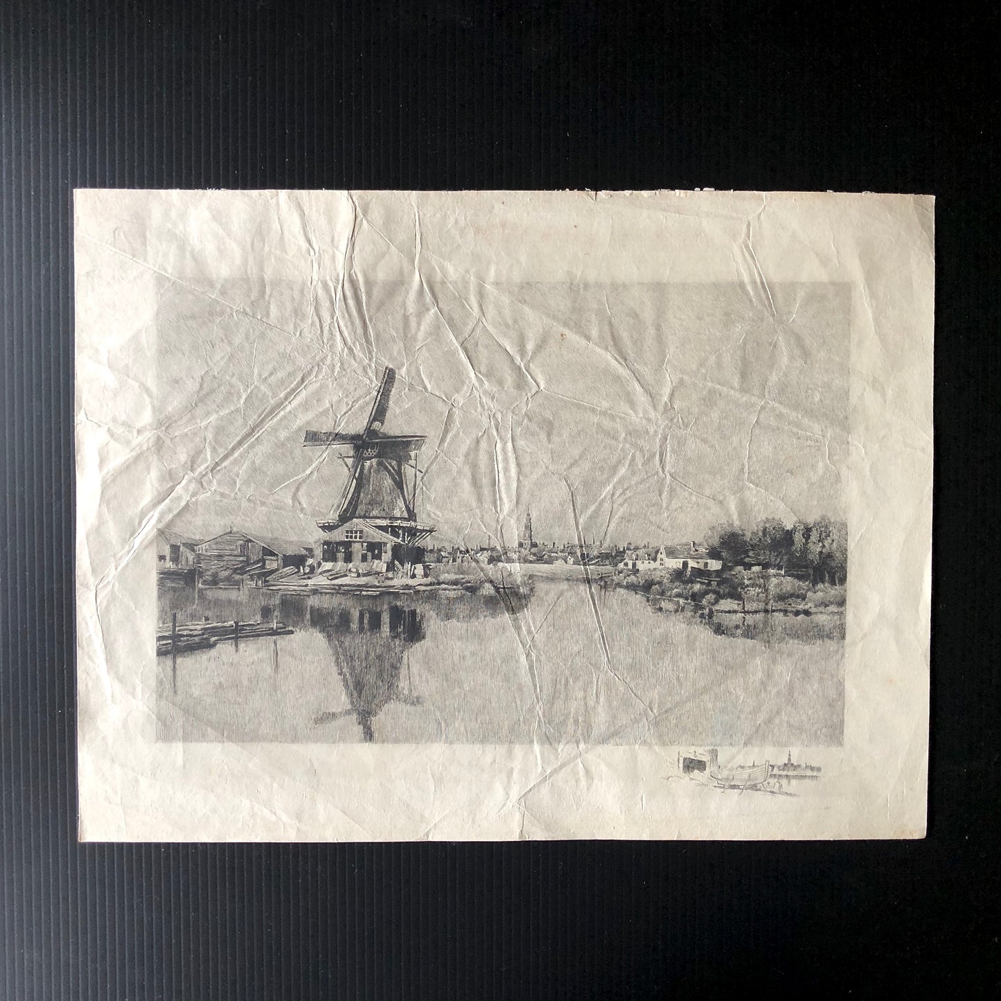 Art Etching of Dutch Port Scene on Rice Paper