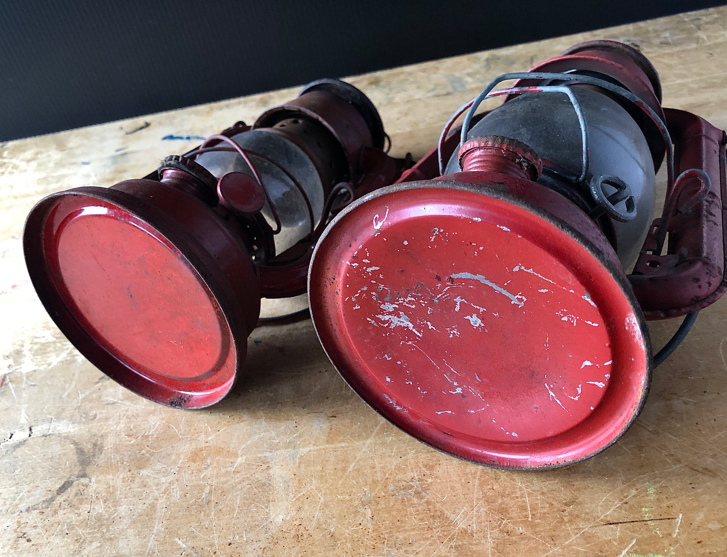 Set of Two Vintage Red Railroad Lanterns Deitz Comet and Sun (c.1940s)