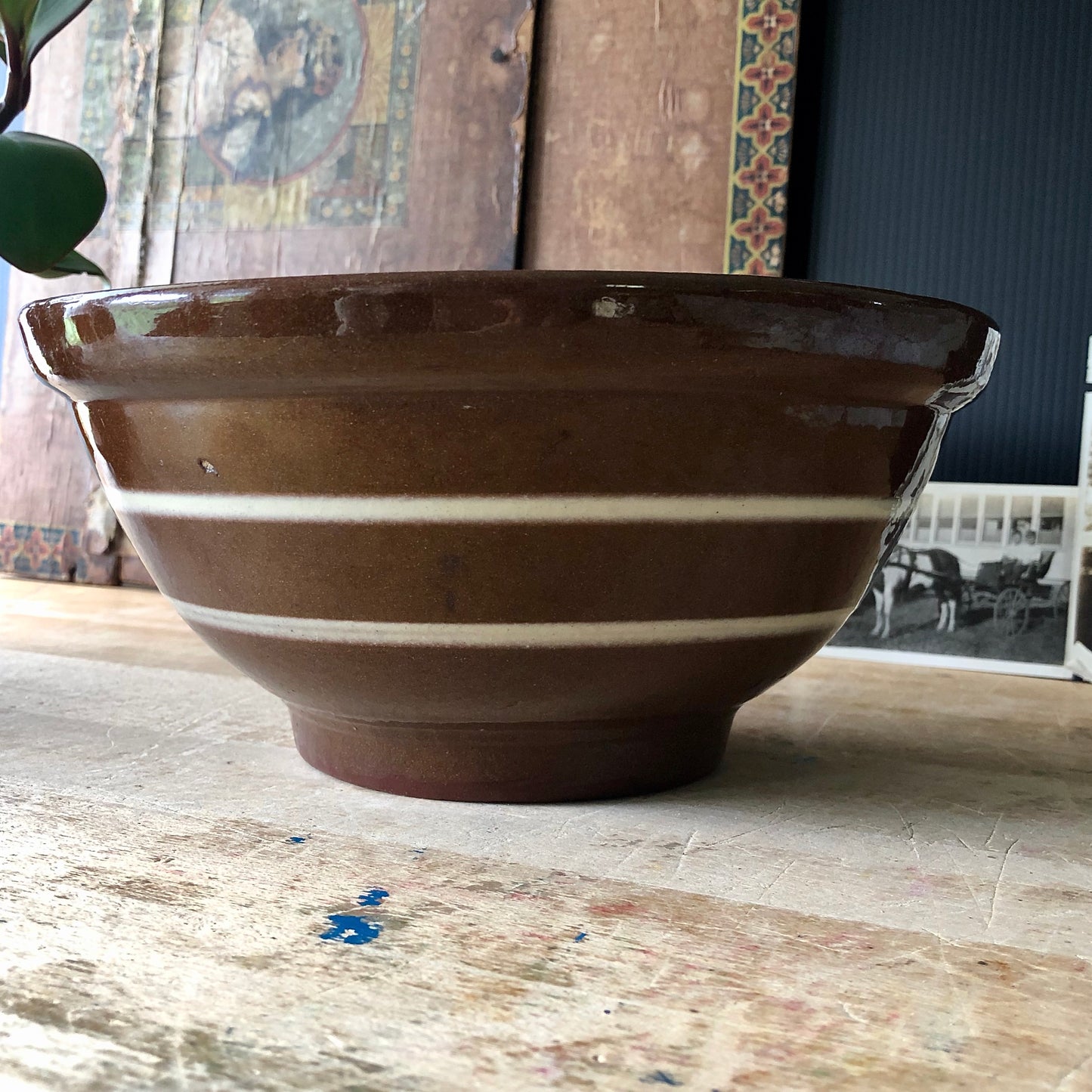 Striped Brown Farmhouse Pottery Bowl (c.1900s)