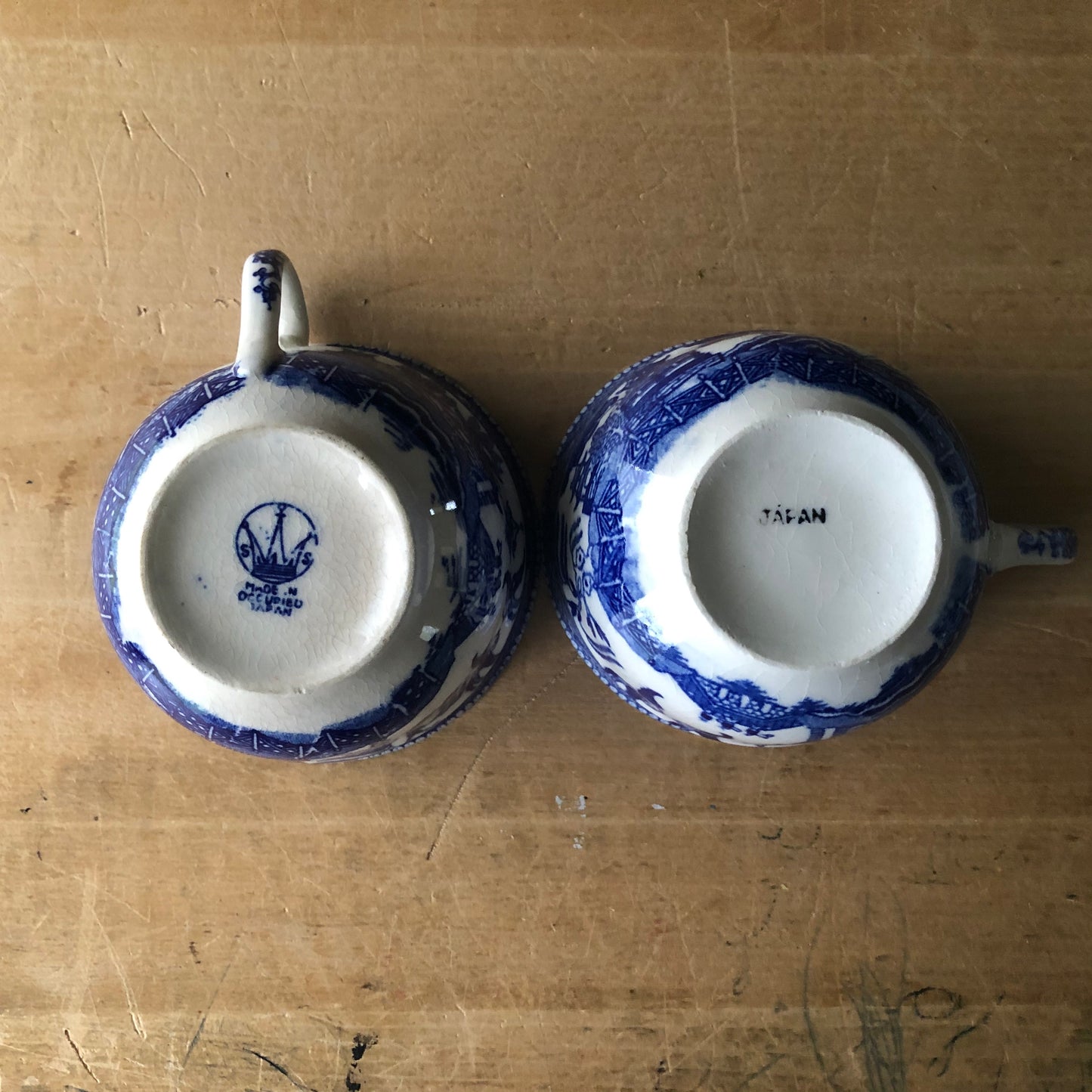 Mismatched Blue and White Tea Cups and Saucers