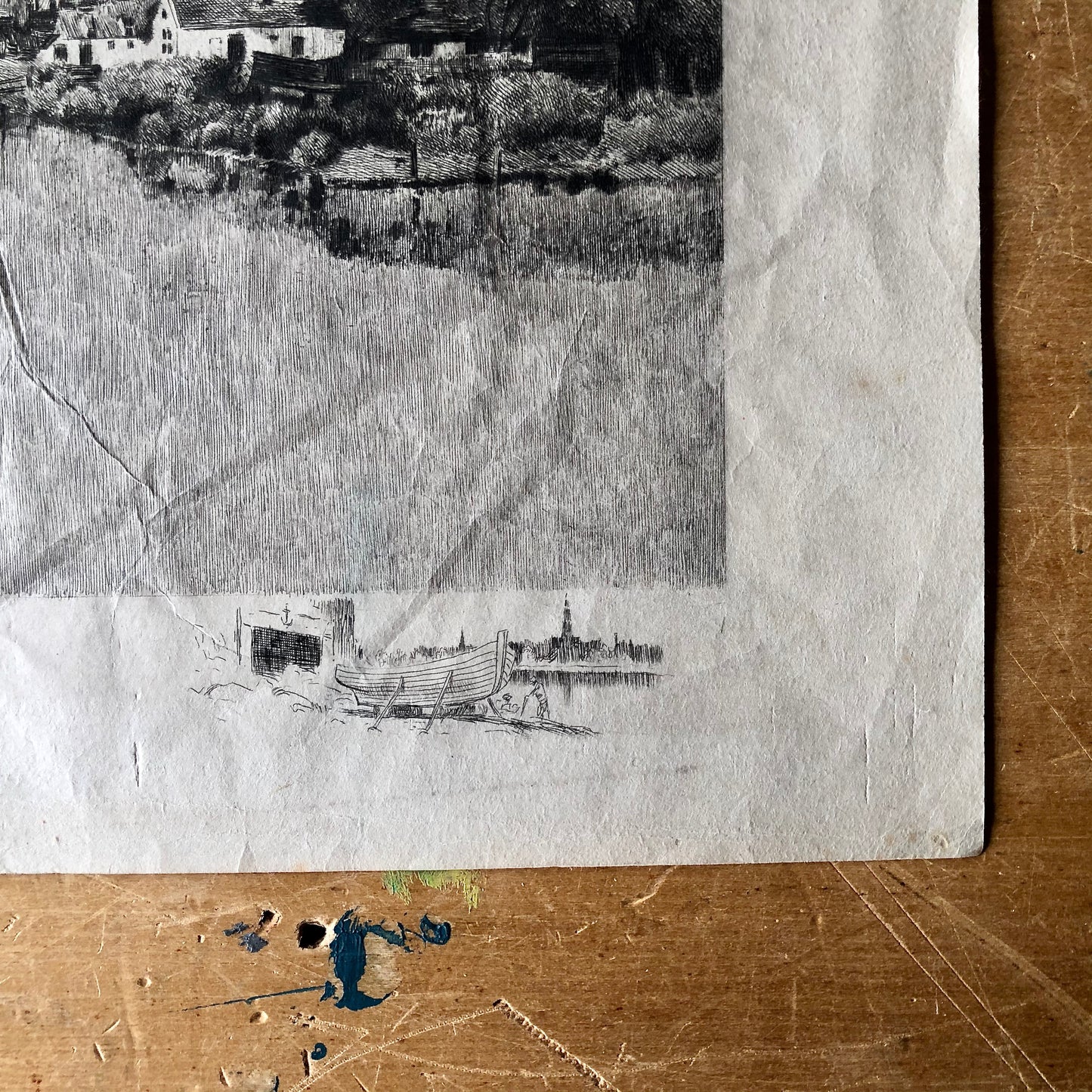 Art Etching of Dutch Port Scene on Rice Paper