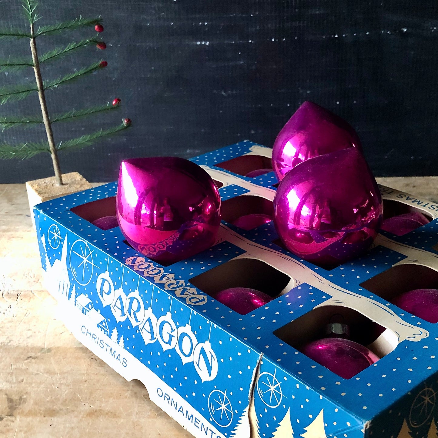 Vintage Paragon Hot Pink Glass Ornaments in Box (c.1950s)