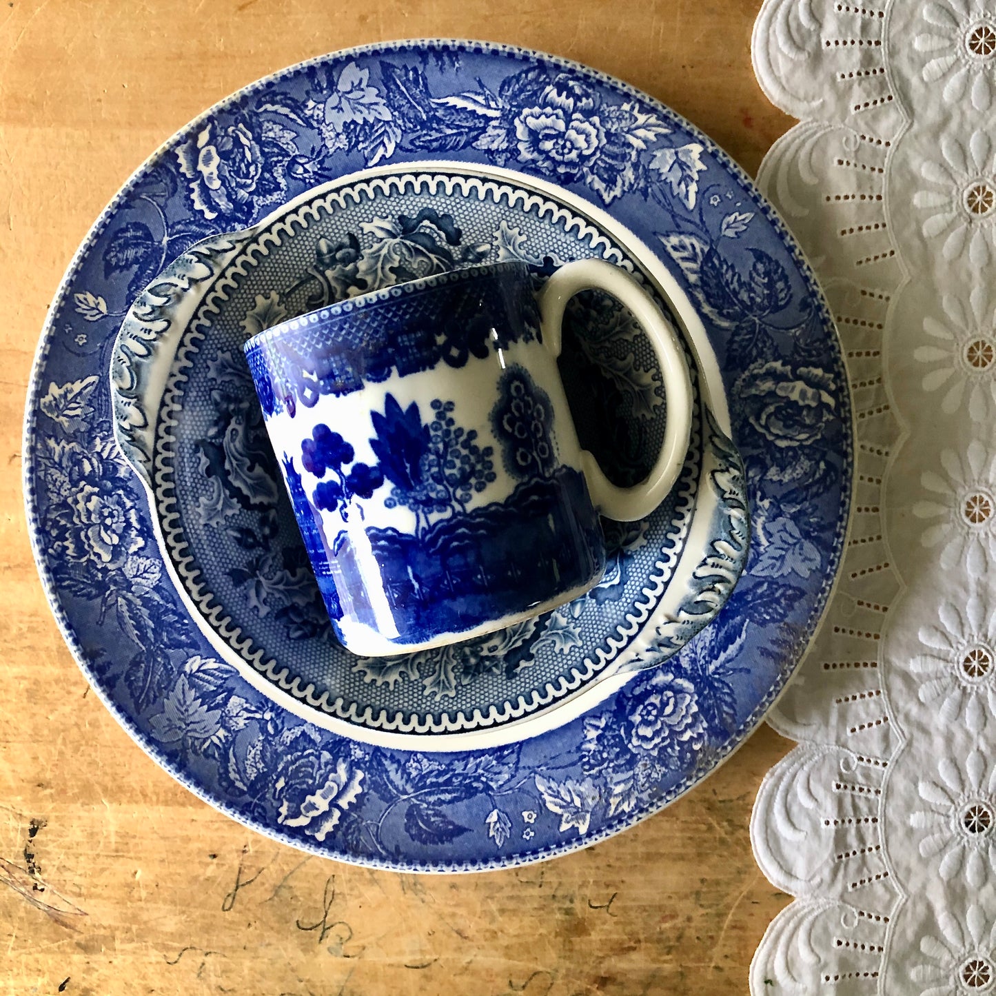 Mismatched Blue Transferware Vintage Dining Set (1900s)