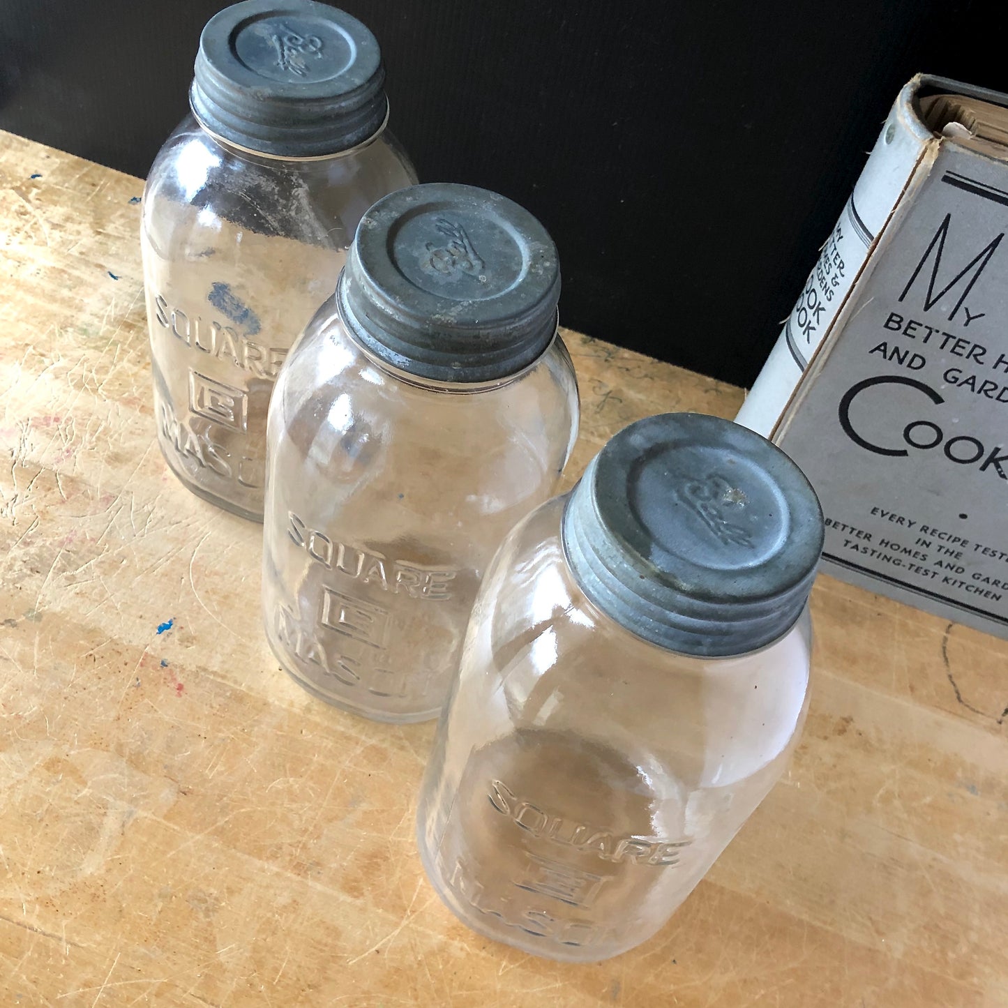 Large Antique Glenshaw Square Mason Jars with Zinc Lids (c.1930s)