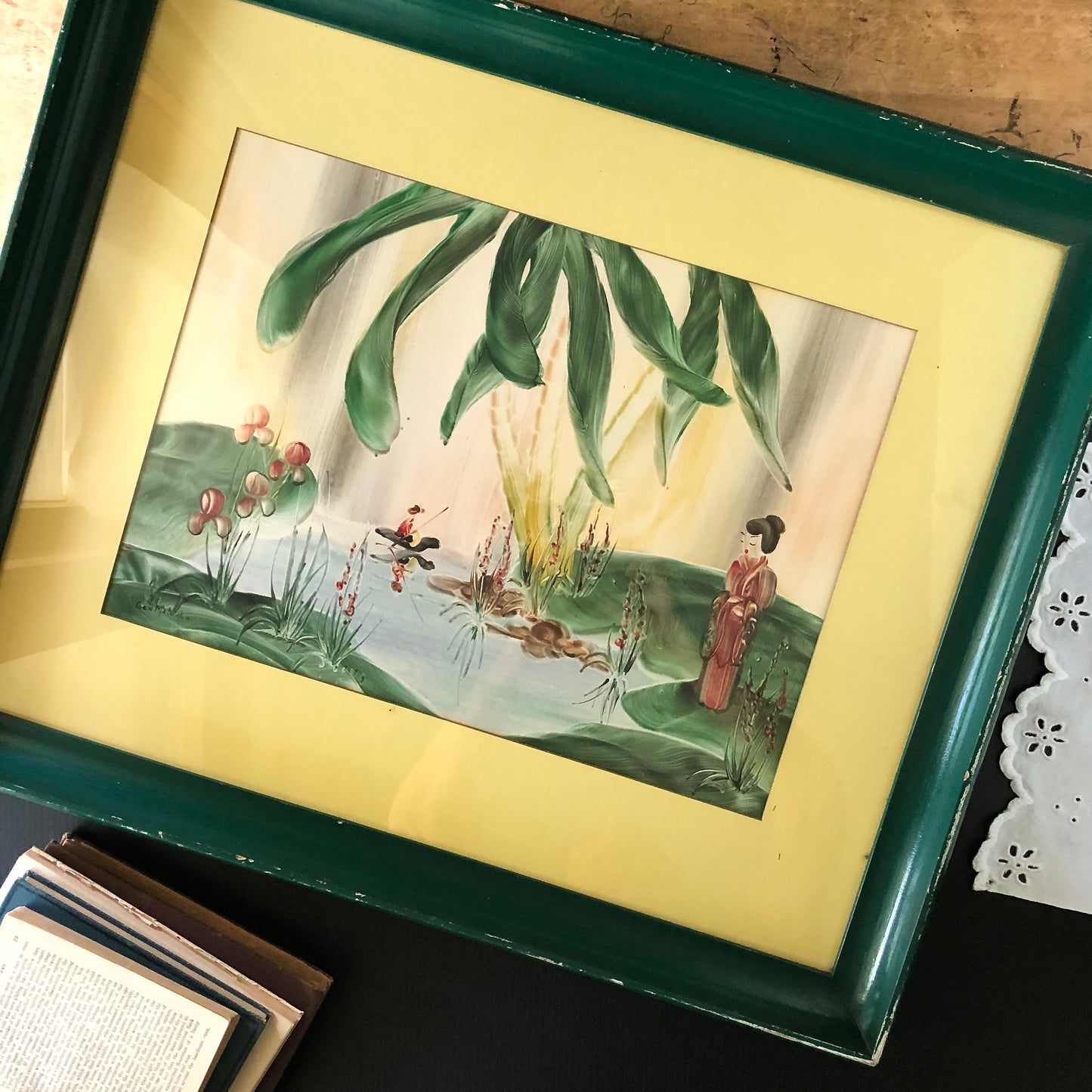 Mid Century Finger Painted Japanese Pond Scene by Gen Matucha