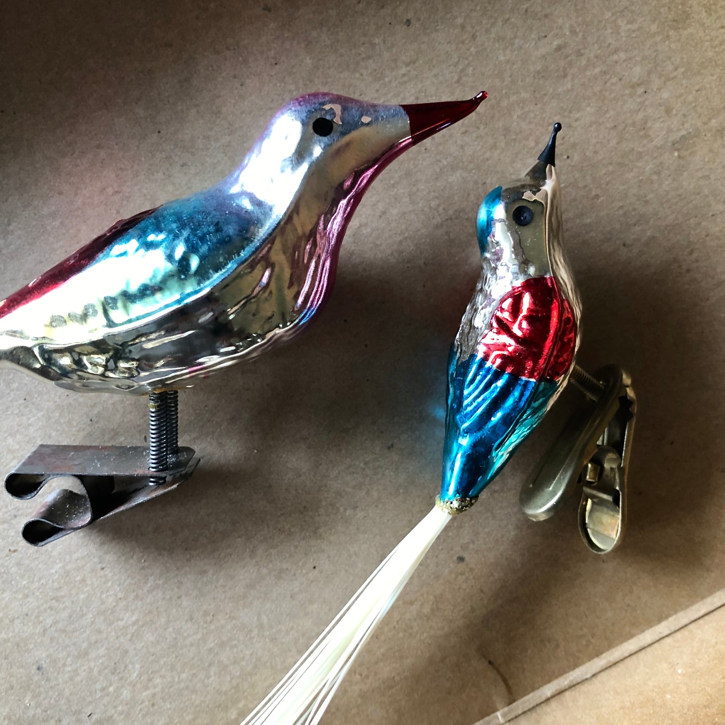 Vintage Glass Bird Tree Clip Ornaments (c.1950s)