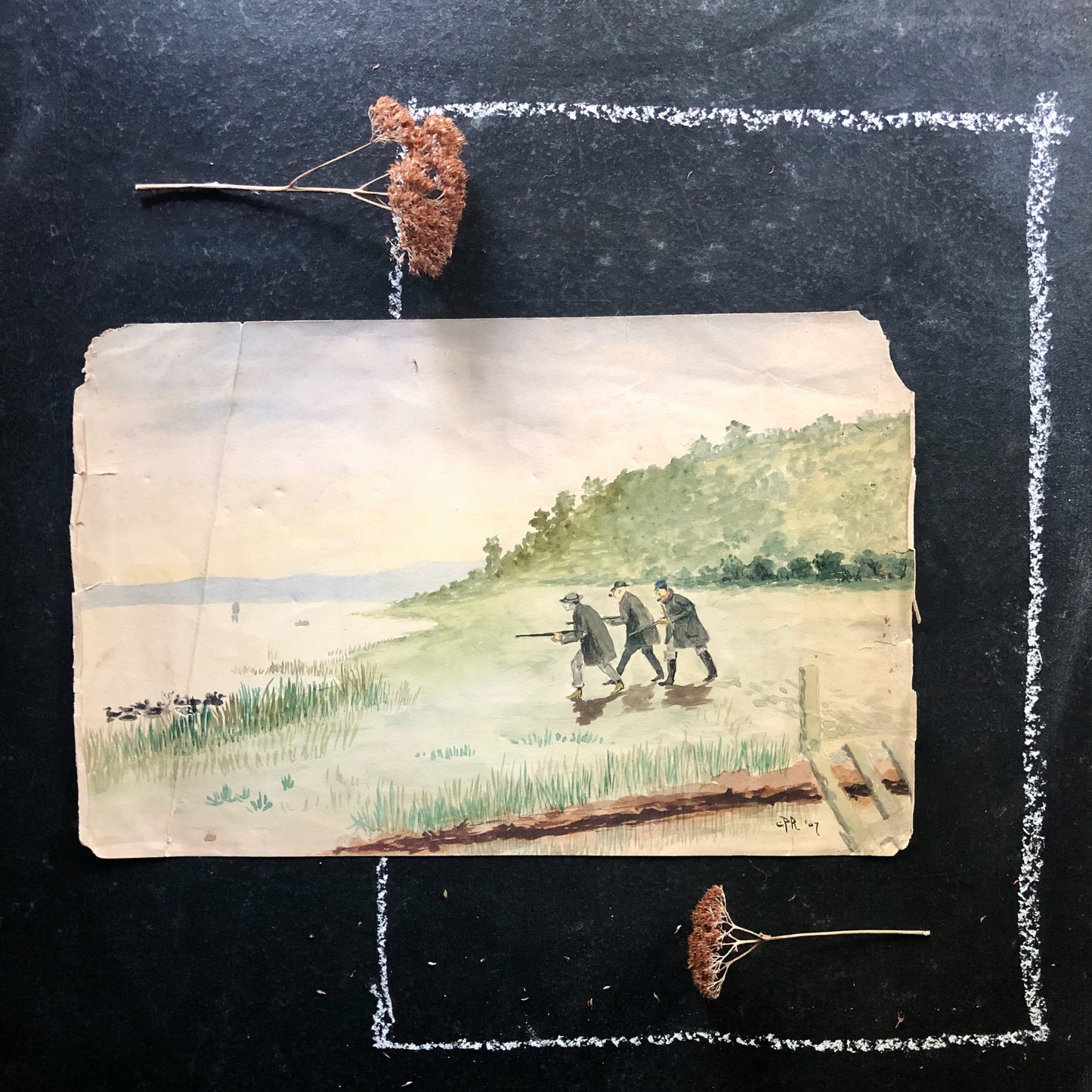 Antique Watercolor Painting of Duck Hunters (c.1907)
