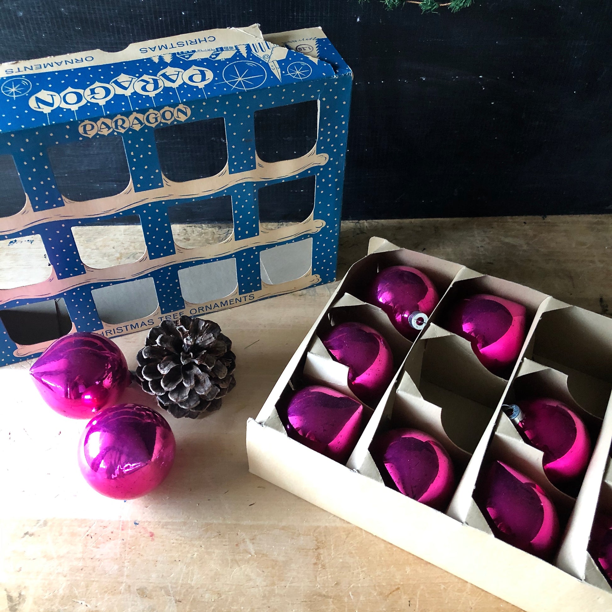 Vintage Paragon Hot Pink Glass Ornaments in Box (c.1950s)