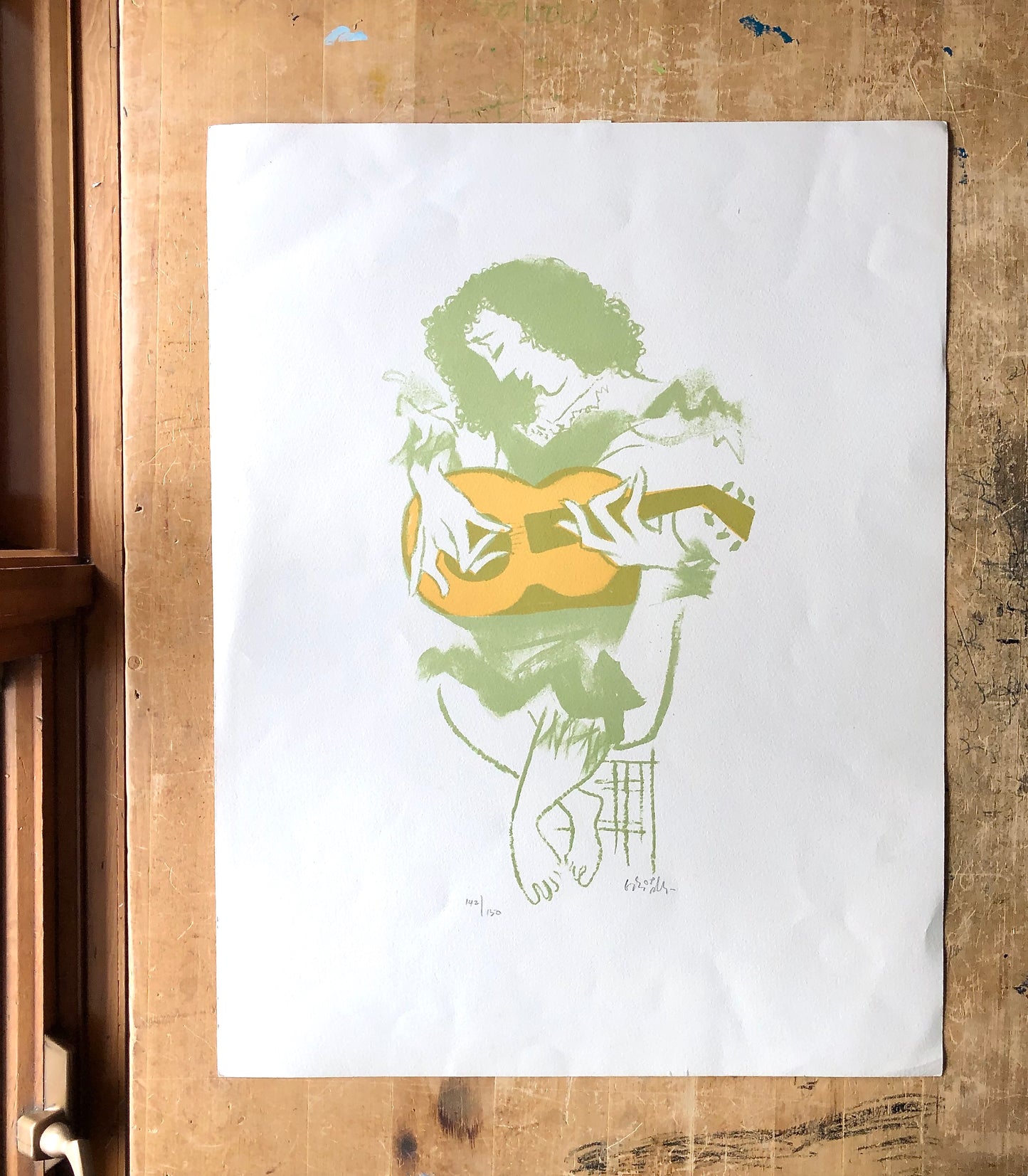 Mid Century Lithograph Print of Woman Playing Guitar