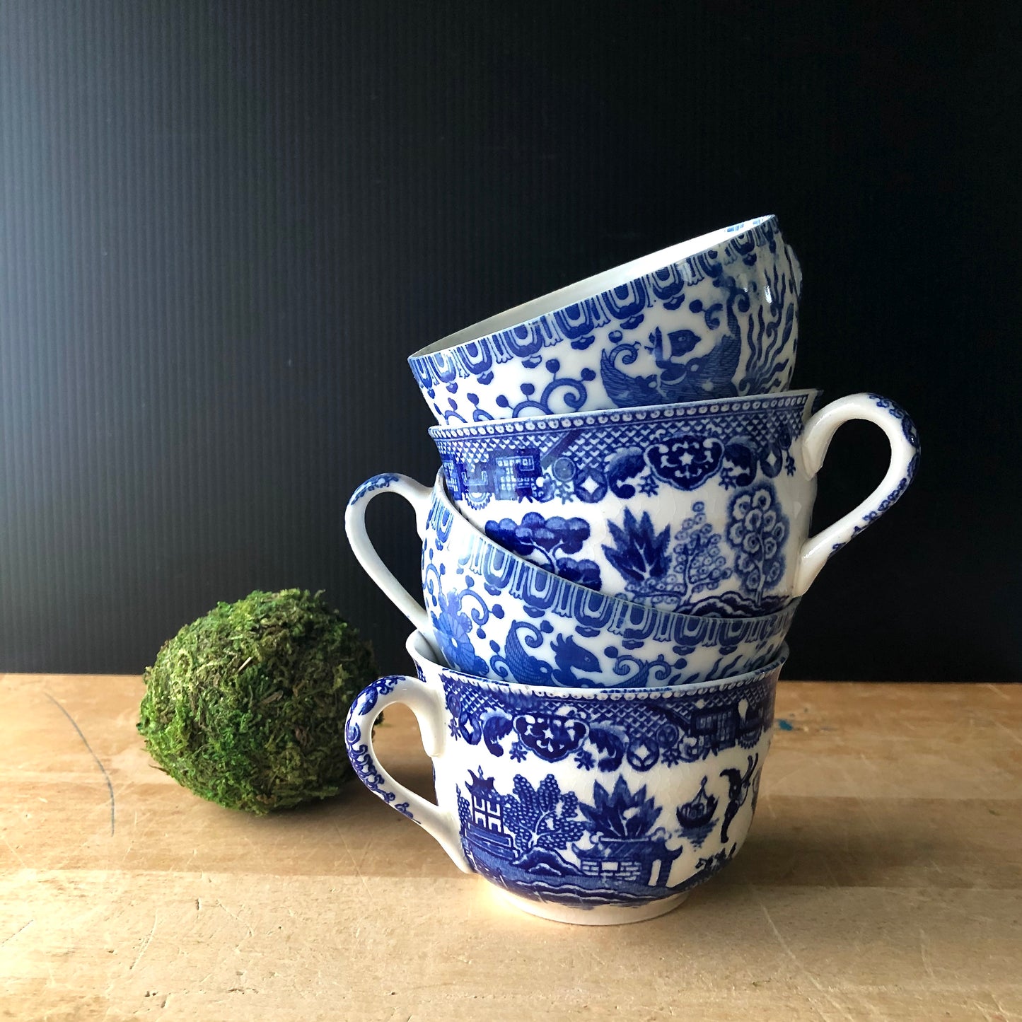 Mismatched Blue and White Tea Cups and Saucers