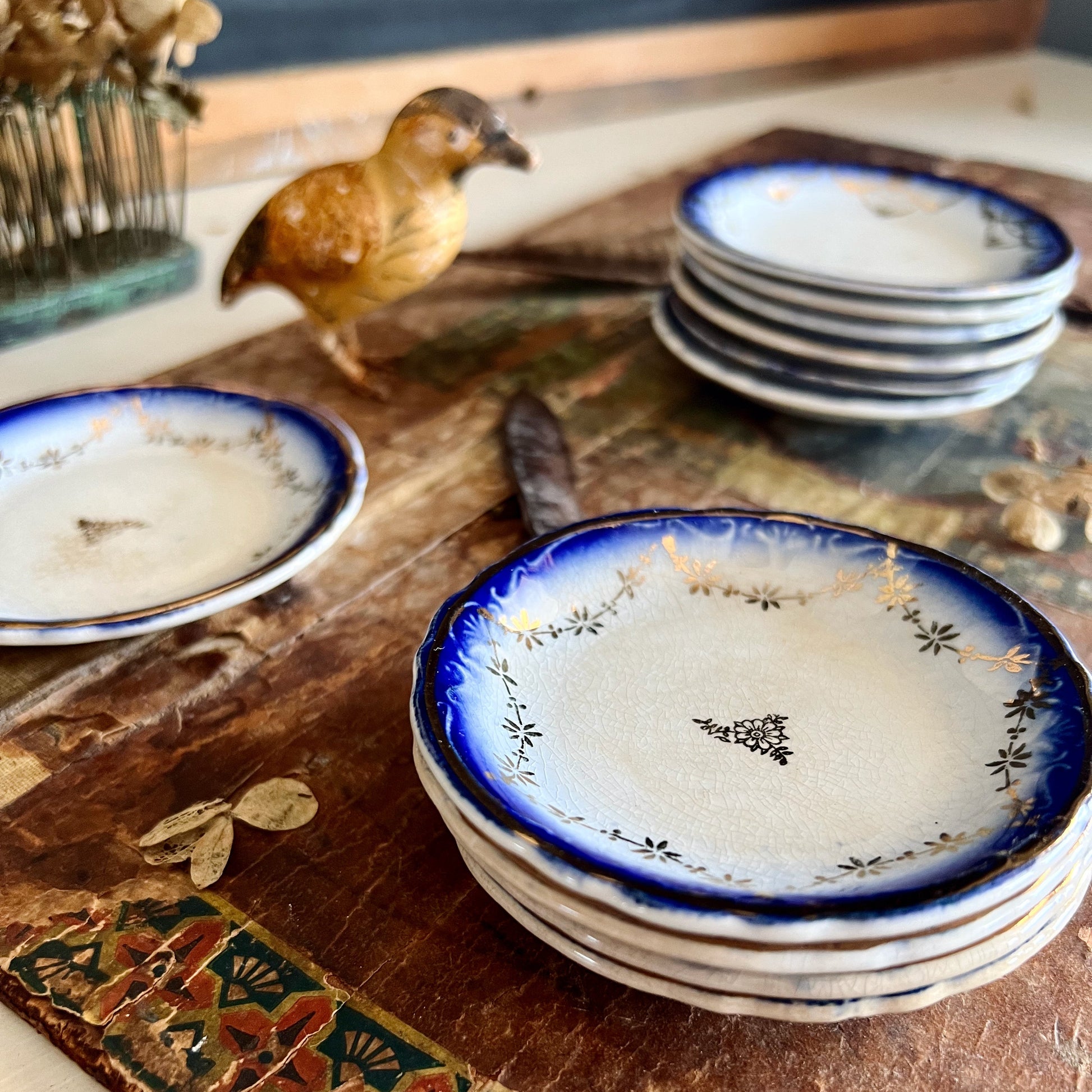 Antique Flow Blue Butter Pats, Set of 10 (c.1900s)