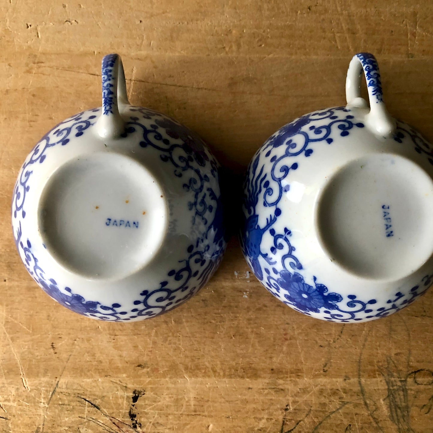 Mismatched Blue and White Tea Cups and Saucers