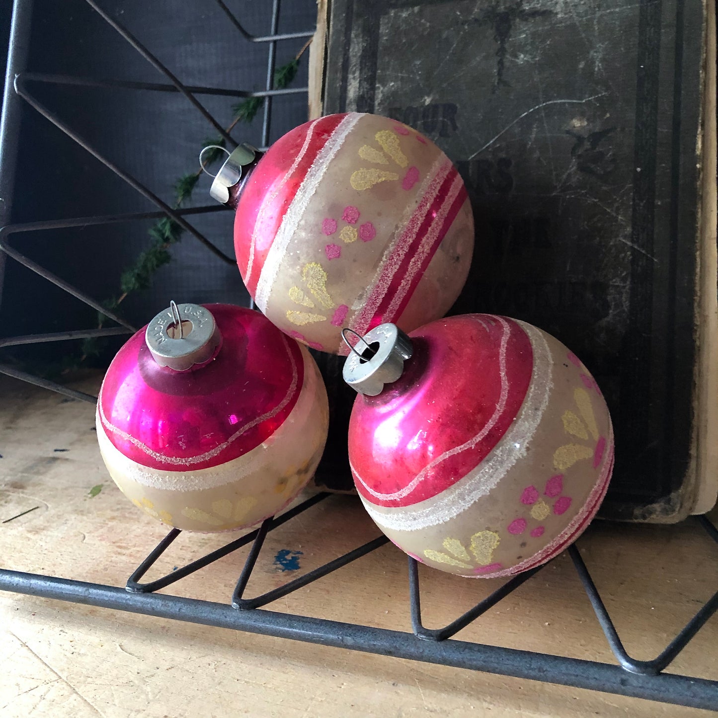 Vintage Pink Stenciled Christmas Ornament Trio (c.1950s)