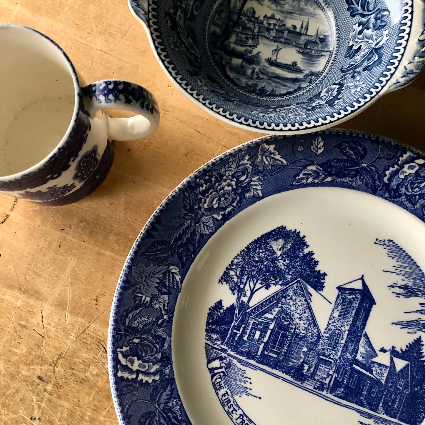 Mismatched Blue Transferware Vintage Dining Set (1900s)