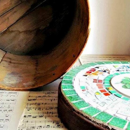 Primitive Round Cheese Box with Mosaic Lid