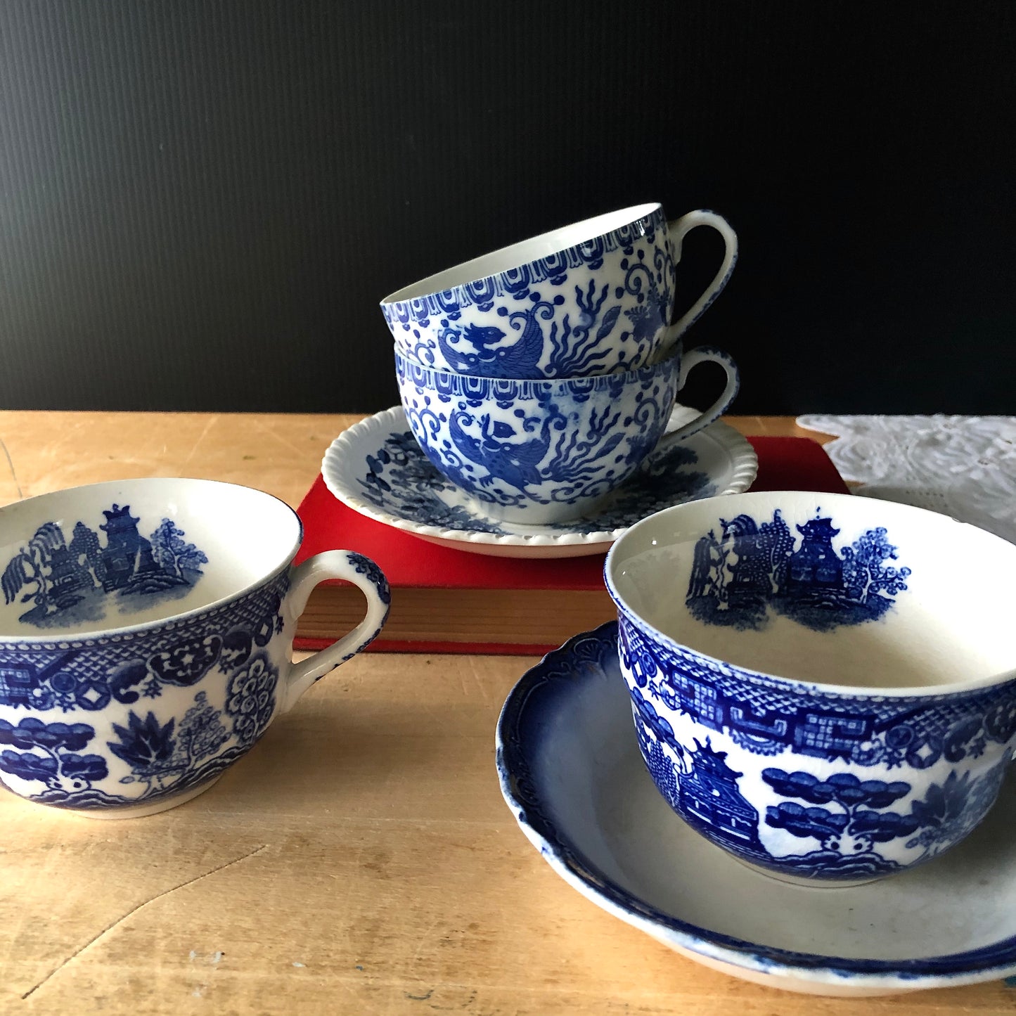 Mismatched Blue and White Tea Cups and Saucers
