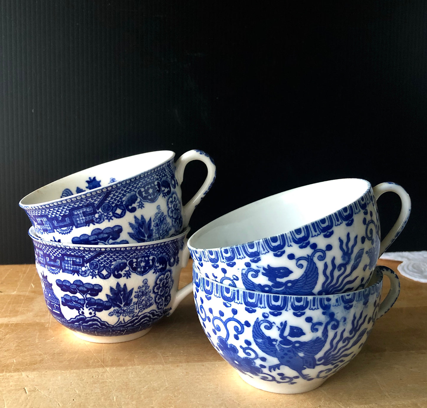 Mismatched Blue and White Tea Cups and Saucers