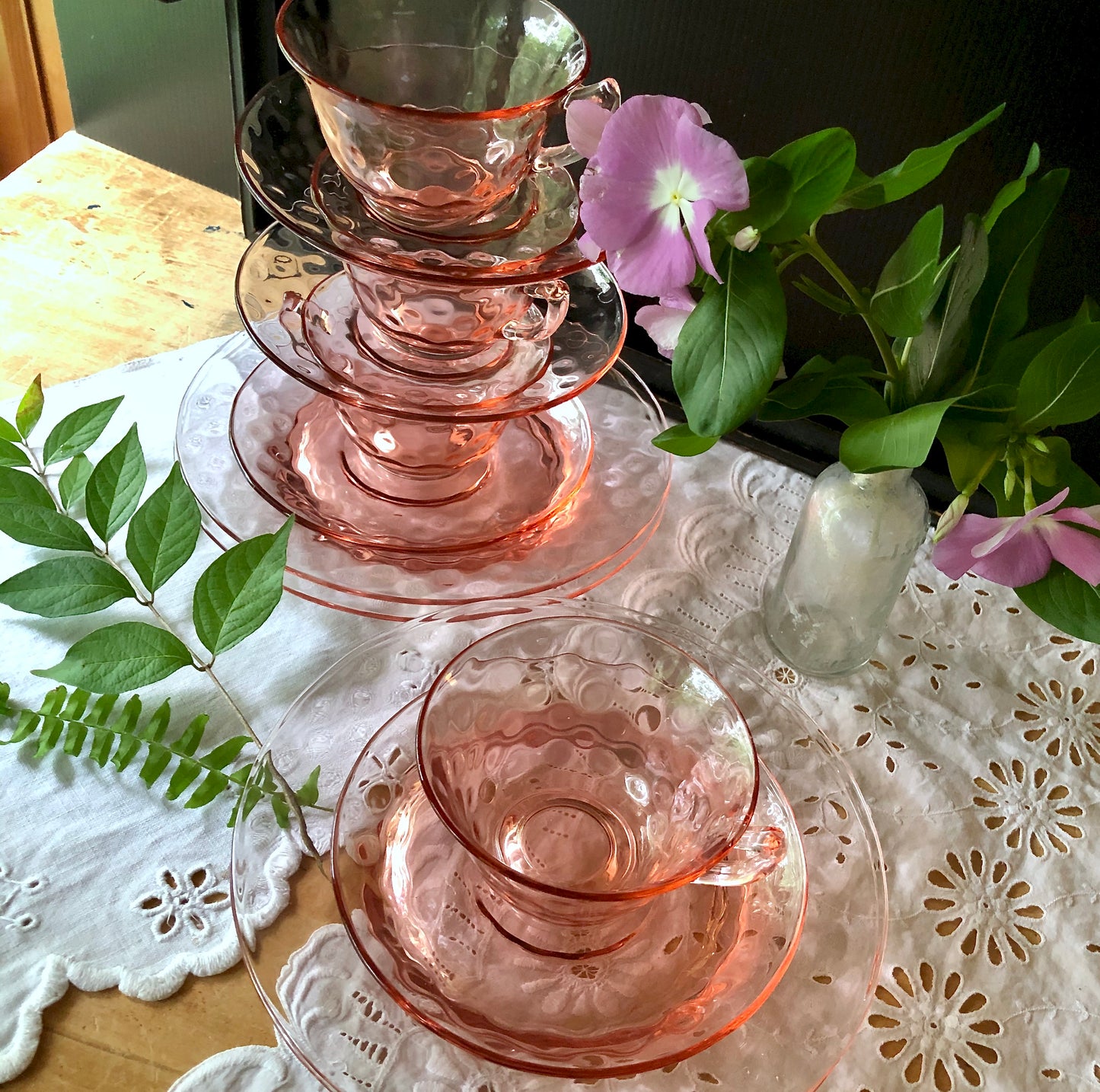 Cambridge Pink Depression Glass Dessert Set, Aero Optic Pattern (c.1930s)
