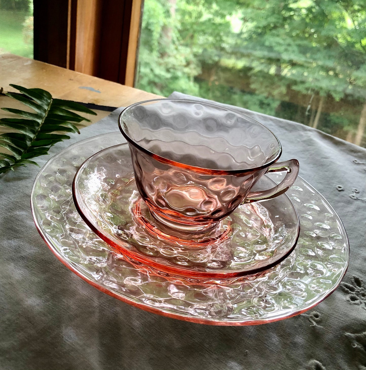 Cambridge Pink Depression Glass Dessert Set, Aero Optic Pattern (c.1930s)