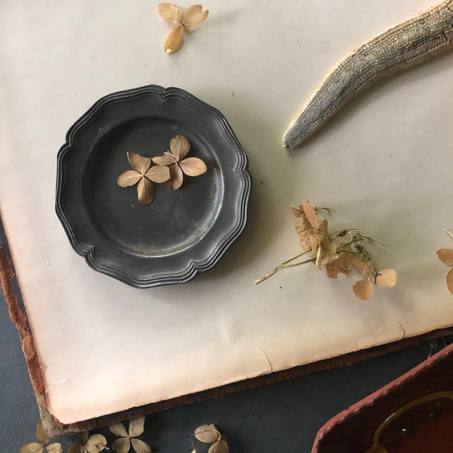 Vintage Breininger Miniature Redware Dishes and Pewter Plate (c.1980s)
