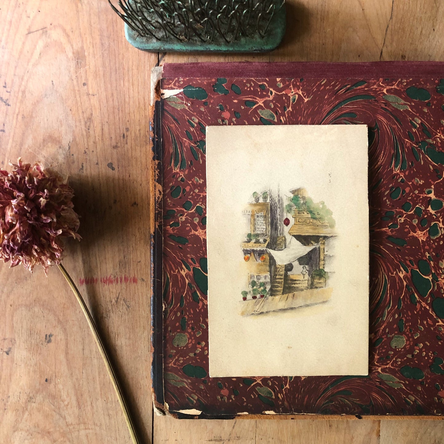 Antique Watercolor Painting of Village Street (c.1800s)