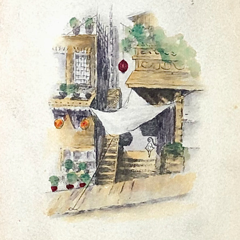 Antique Watercolor Painting of Village Street (c.1800s)