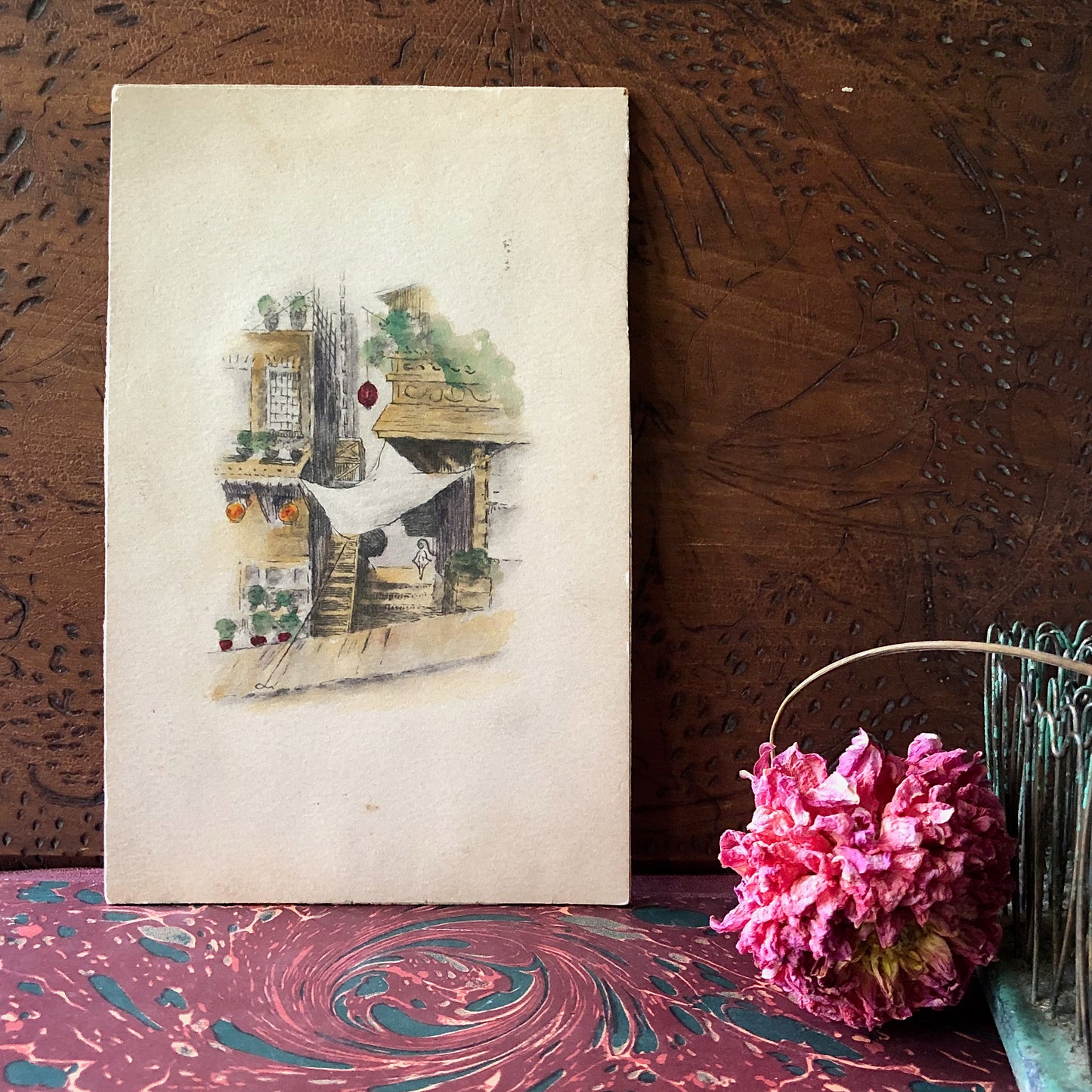 Antique Watercolor Painting of Village Street (c.1800s)