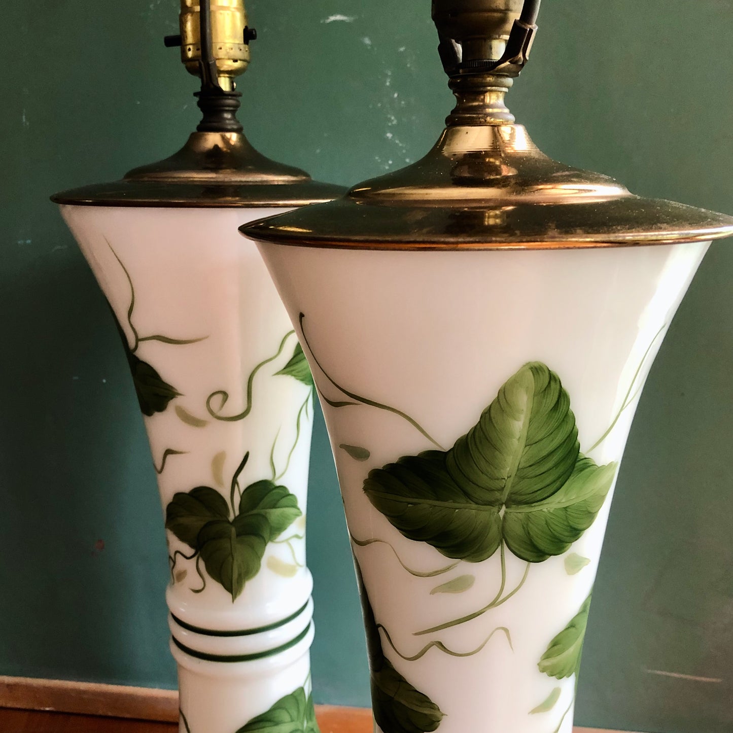 Vintage Leviton Milk Glass and Green Ivy Table Lamps (c.1950s)