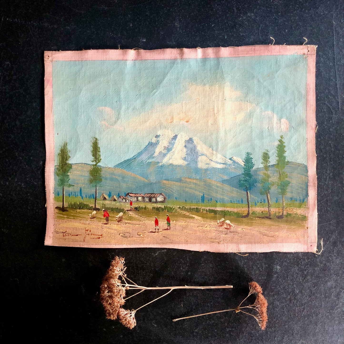 Vintage Landscape Painting of Rural Mountain Village