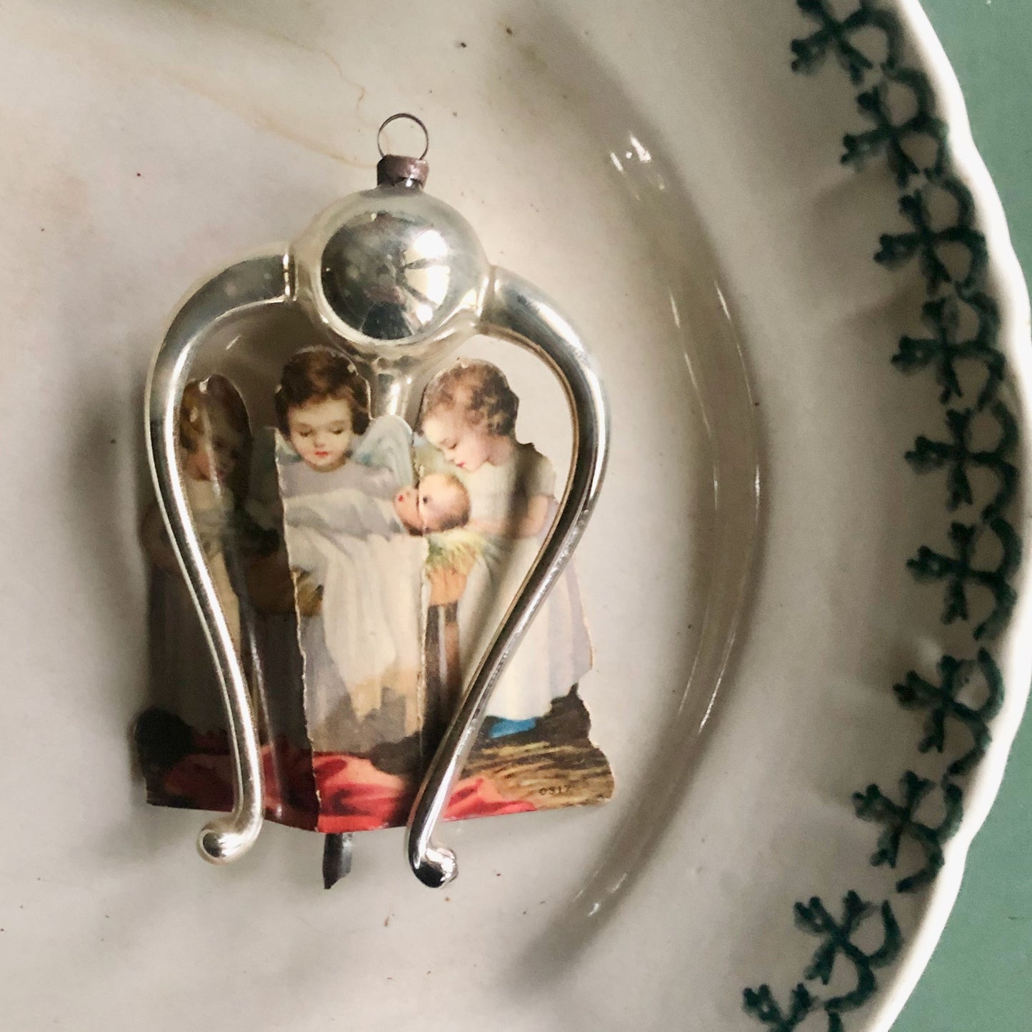 Antique German Glass Ornament Lyre with Paper Girls (c.1900s)