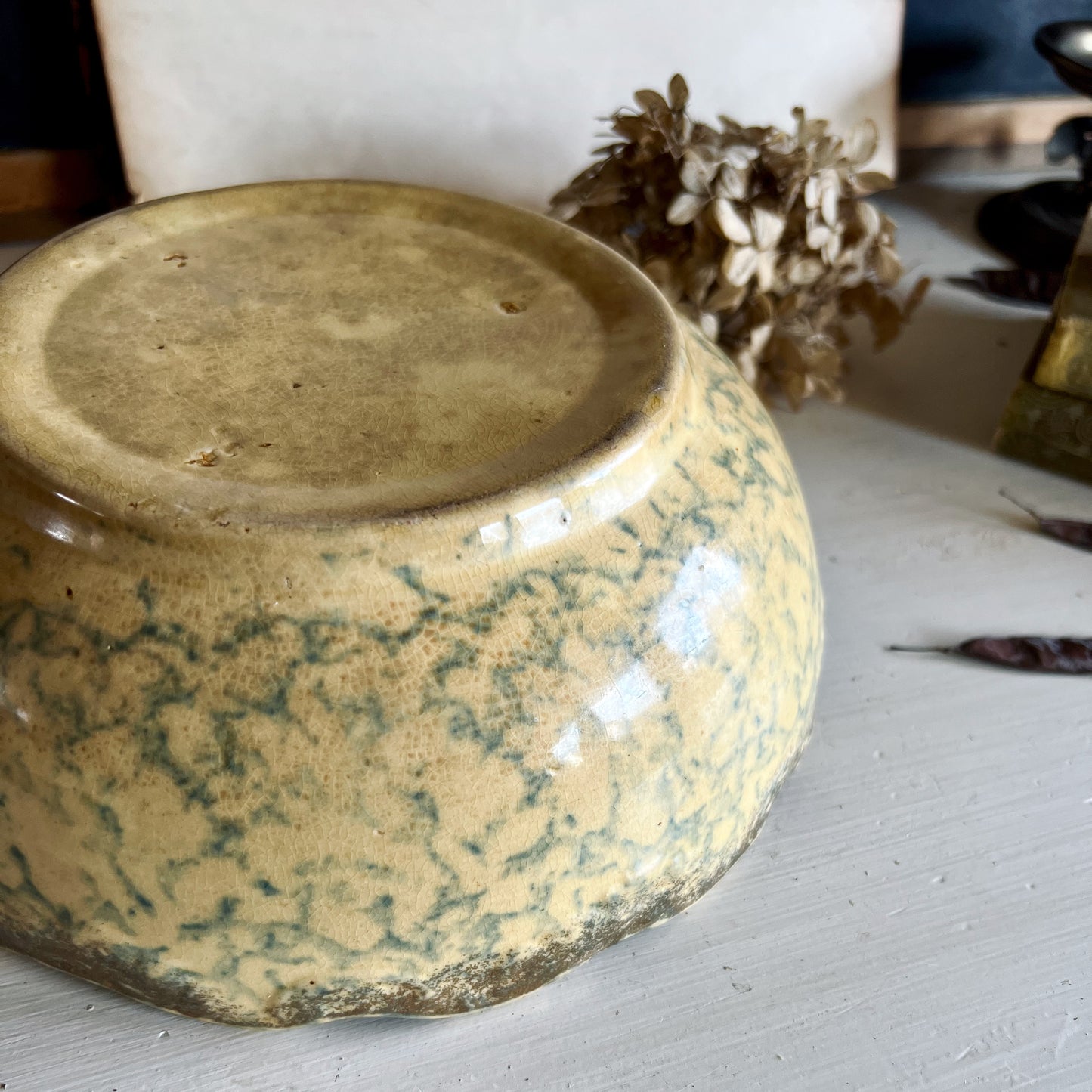 Antique Blue on Yellow Spongeware Bowl (c.1800s)