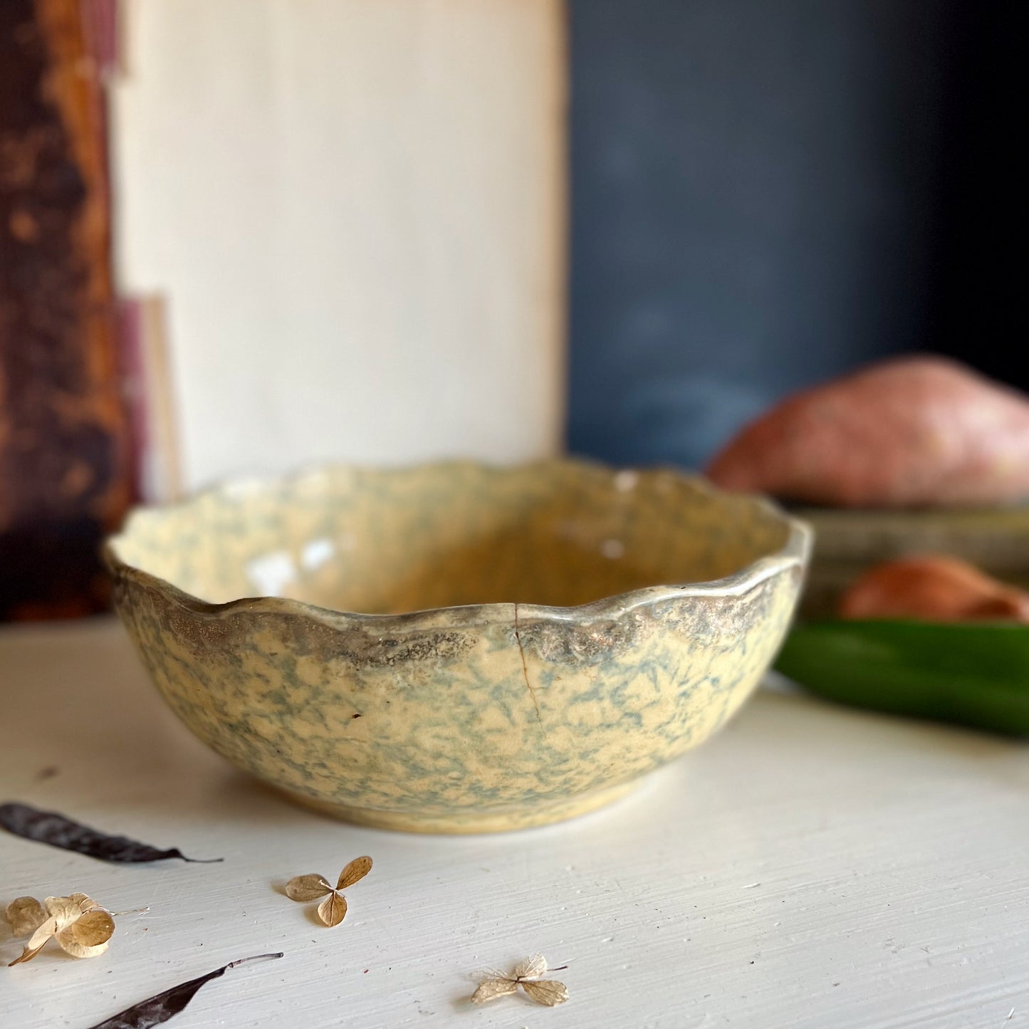 Antique Blue on Yellow Spongeware Bowl (c.1800s)