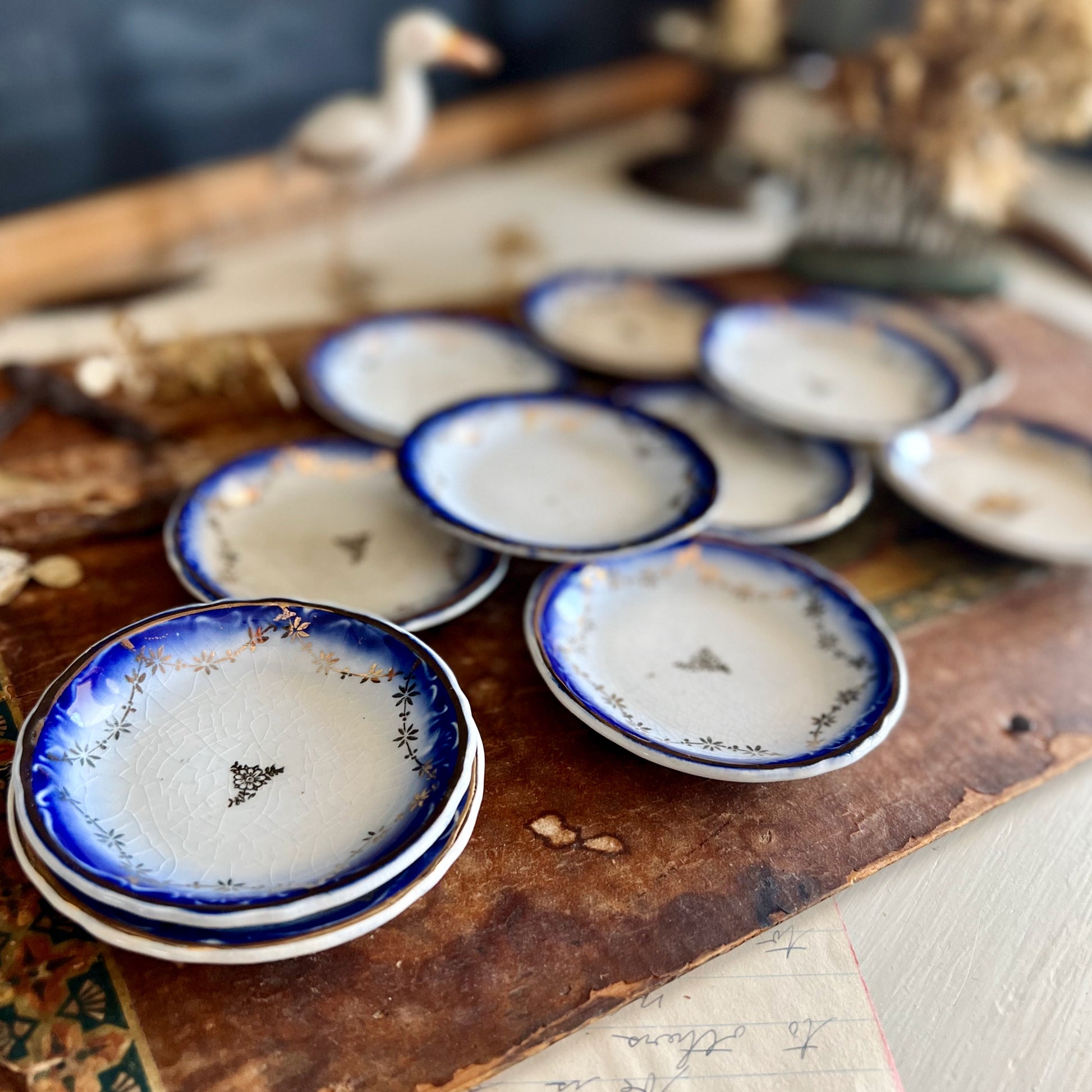 Antique Flow Blue Butter Pats, Set of 10 (c.1900s)