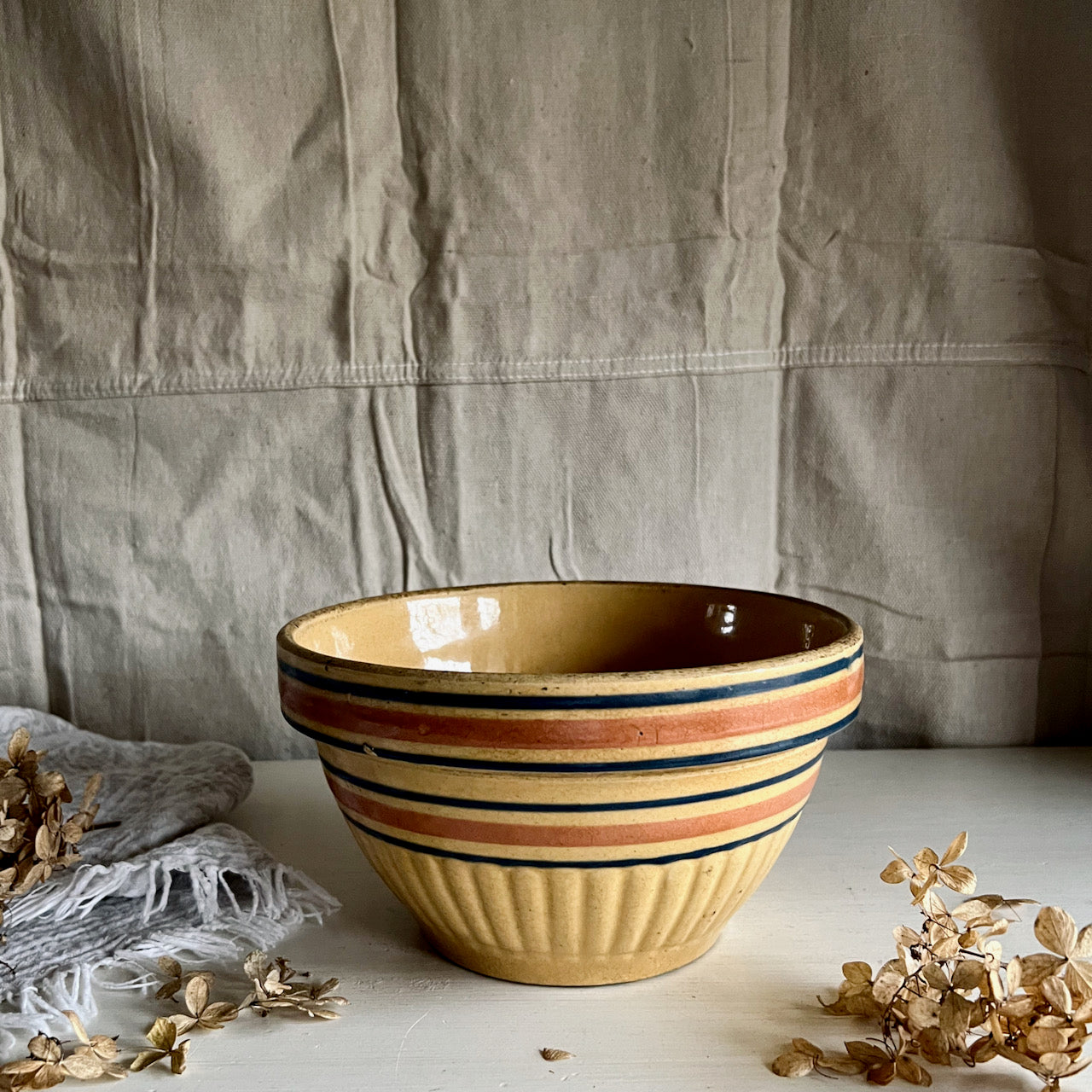 Antique Yellow Ware Striped Mixing Bowl (c.1940s)