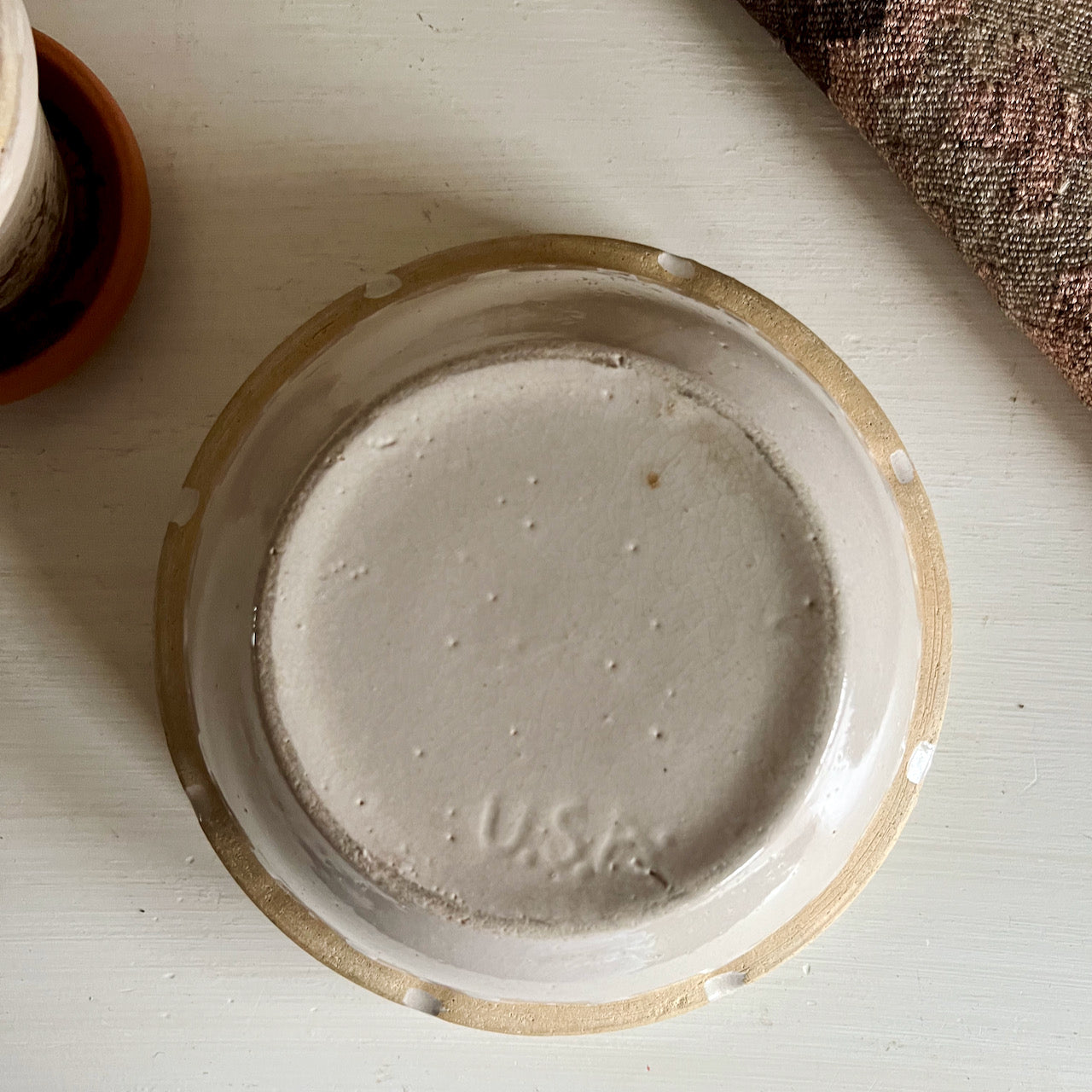 Old White Stoneware Mixing Bowl with Patterned Rim