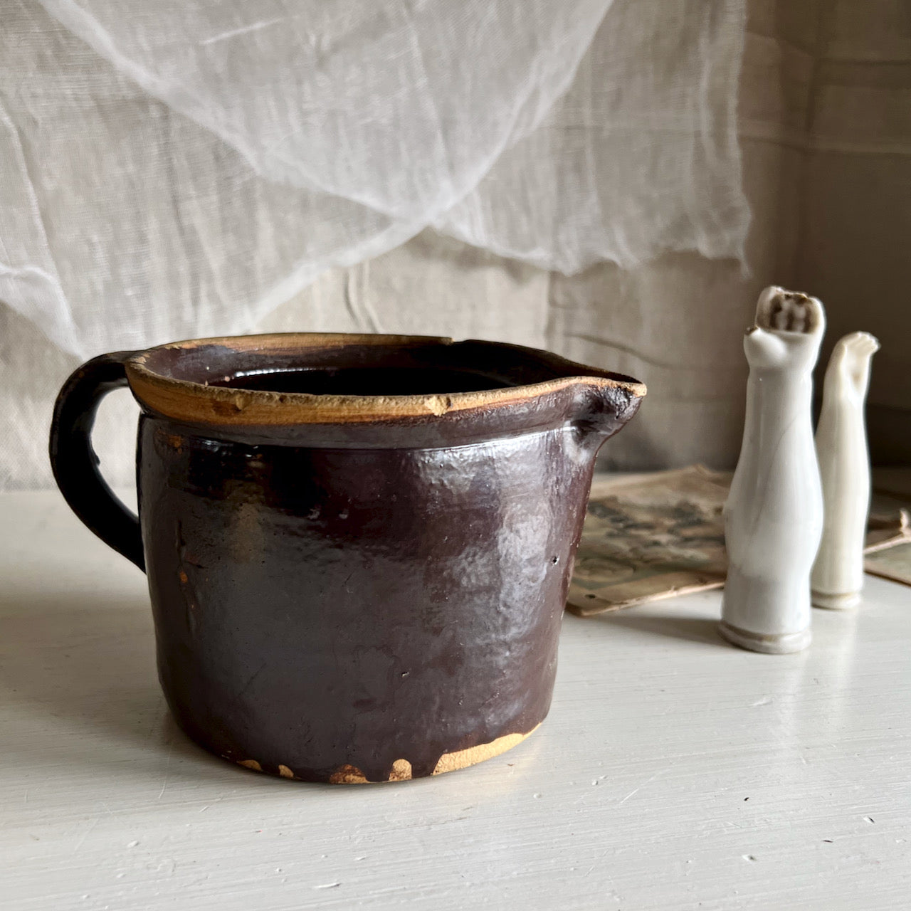 Rustic Old Brown Stoneware Pottery Pitcher (c.1900s)