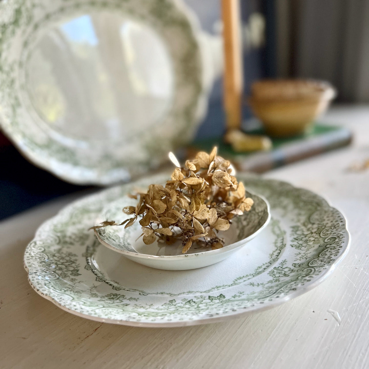 Antique English Green Transferware Dishes (c.1800s)