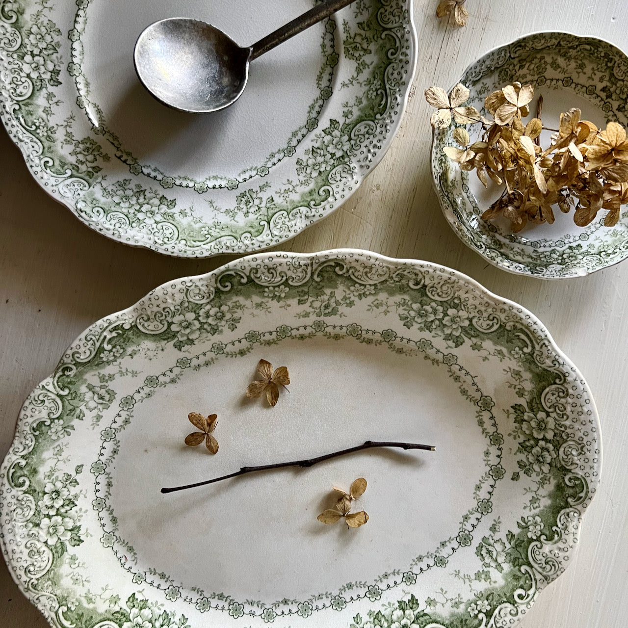 Antique English Green Transferware Dishes (c.1800s)