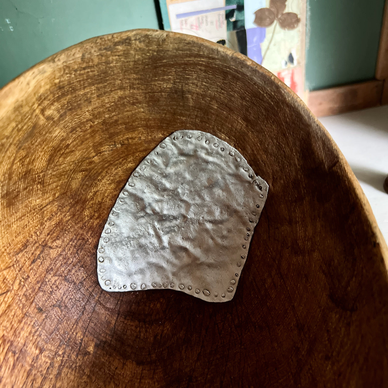 Early Primitive Burl Wood Bowl with Metal Repair (c.1800s)