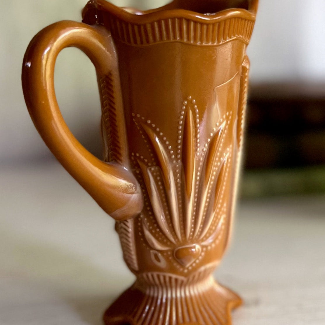 Antique Caramel Slag Glass Pitcher, Cactus Pattern (c.1900)