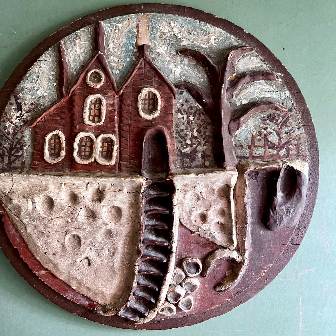Antique Folk Art Scene On Wooden Plaque (c.1800s)