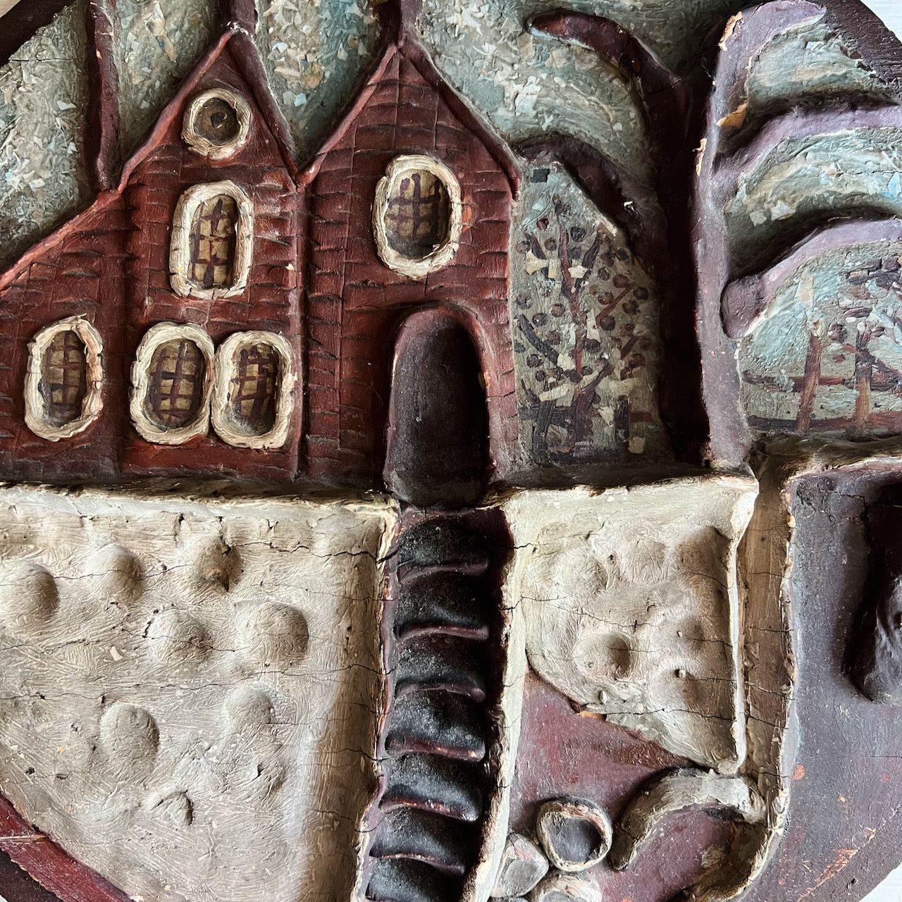 Antique Folk Art Scene On Wooden Plaque (c.1800s)