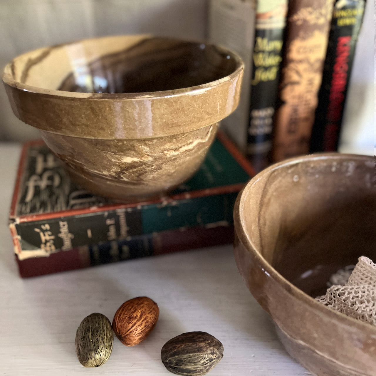 Chocolate Marbled Swirl Crock Bowls, Set of 3 (c.1900s)
