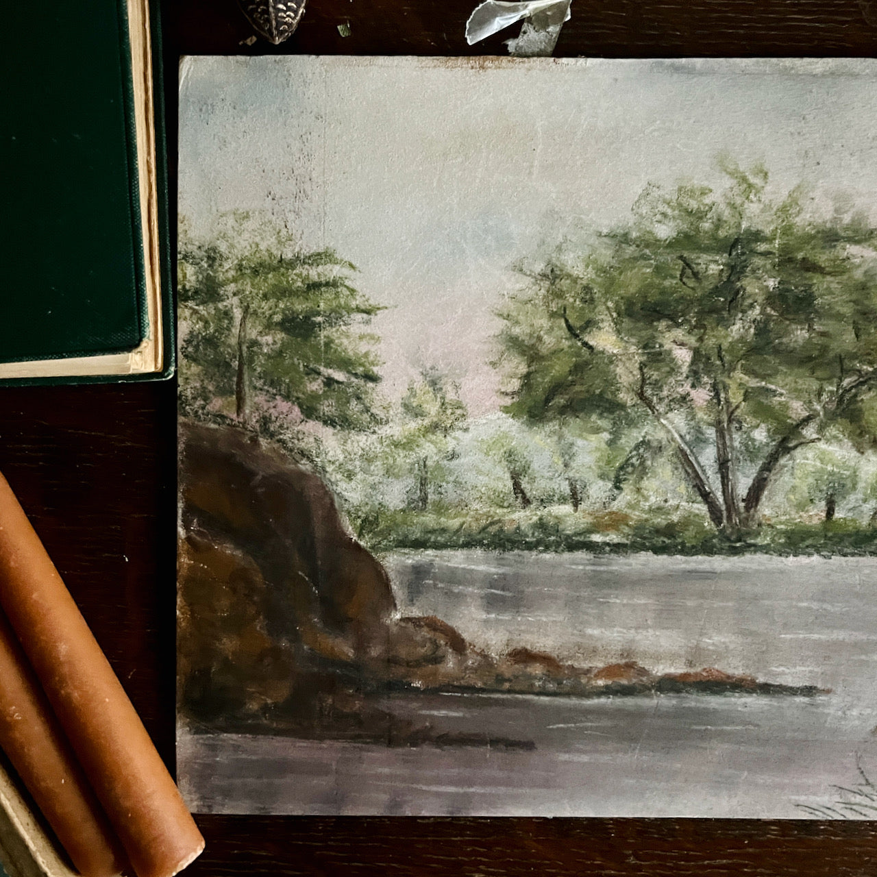 Chalk Pastel River Landscape (c.1940s) – Rush Creek Vintage