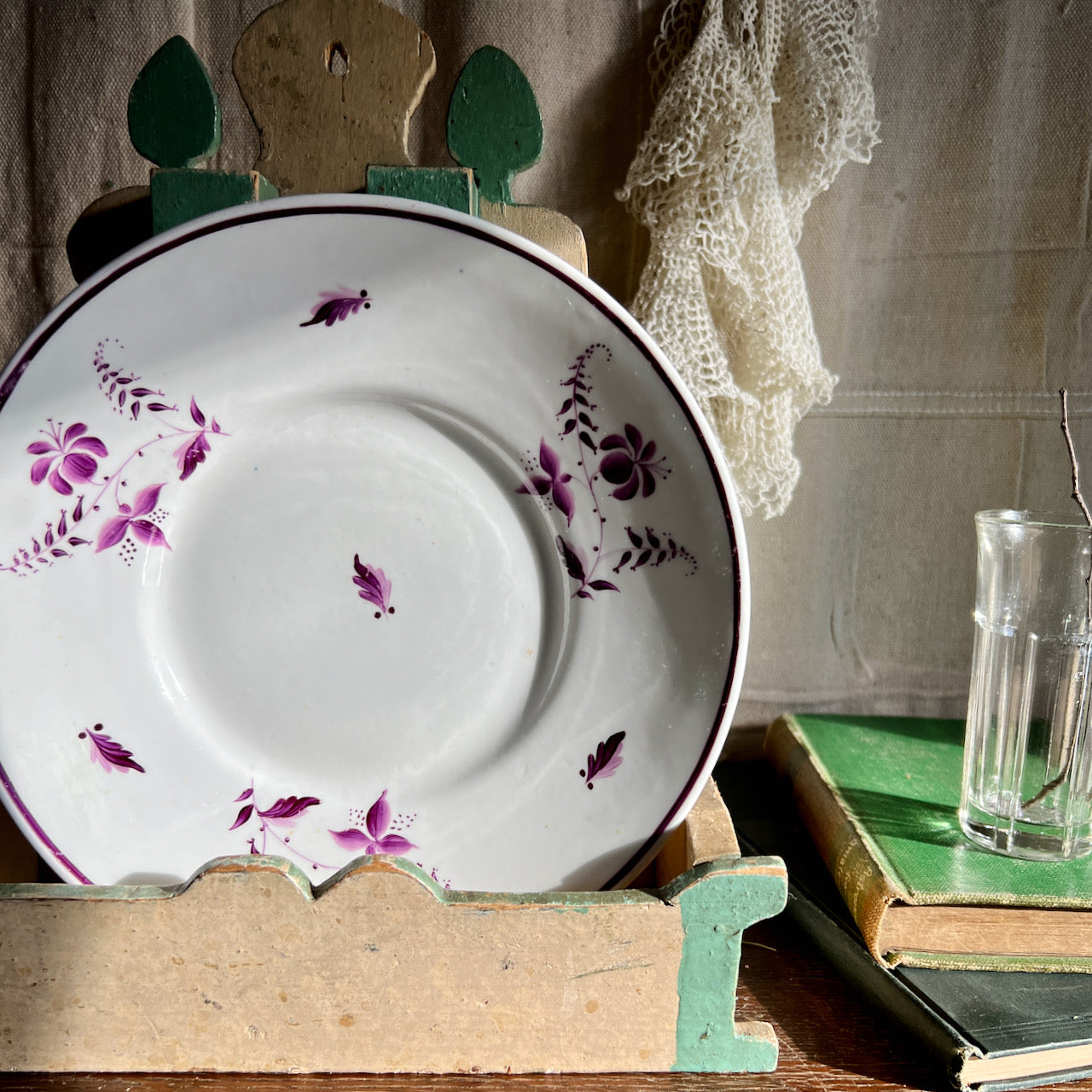 Antique Stoneware Plate with Wisteria Pattern