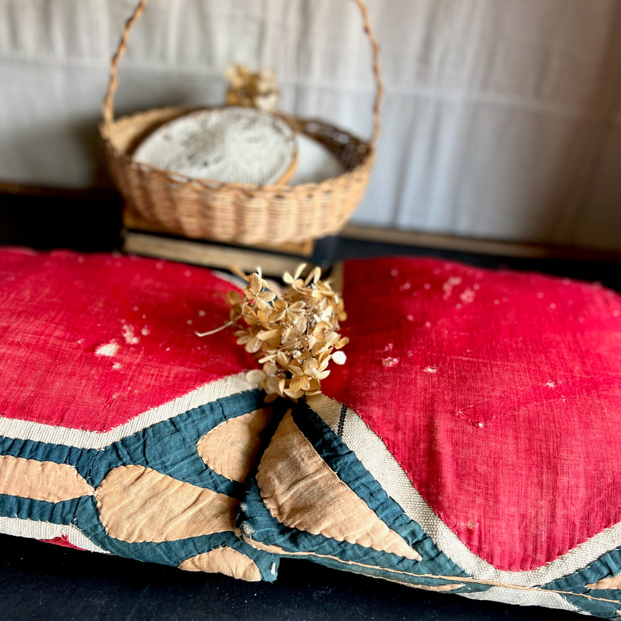 Pair of Pillows with Applied Antique Quilt Decoration